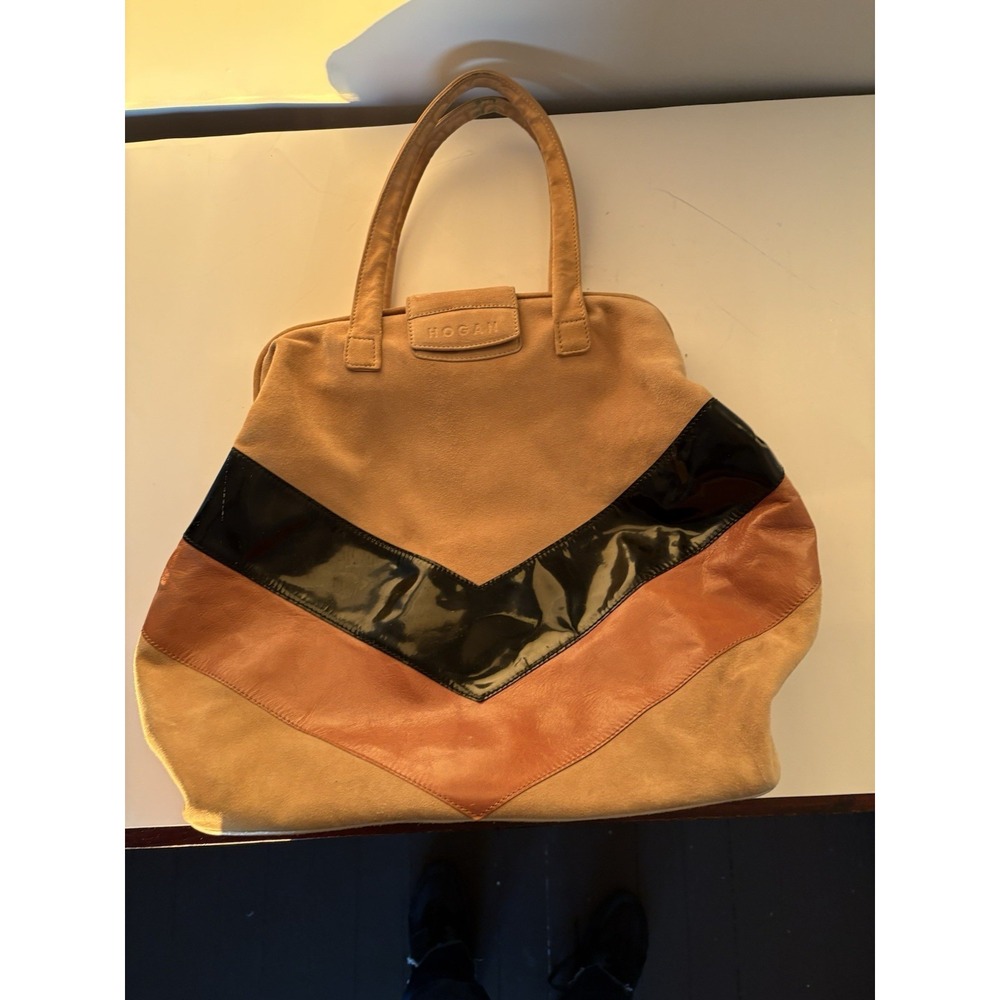 Hogan Made In Italy Brown & Black Leather & Suede Double Handle Shoulder Bag